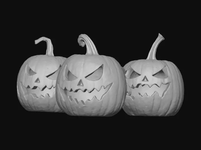 3D model for A 10' x 10' pumpkin patch of scary carved halloween pumpkins, Isolated perspective generative 3d model, Glowing eyes and mouth, White background