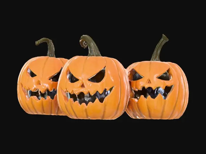 3D model for A 10' x 10' pumpkin patch of scary carved halloween pumpkins, Isolated perspective generative 3d model, Glowing eyes and mouth, White background