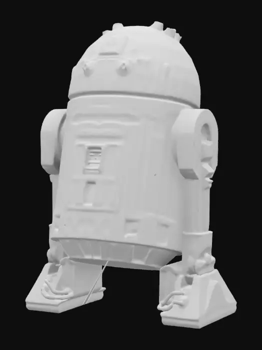 3D model for A 1 meter model of R2~D2, tabletop miniature, Star Wars game miniature, made of pewter and painted for Christmas. NVIDIA volumetric lighting,, , deeply carved details. 