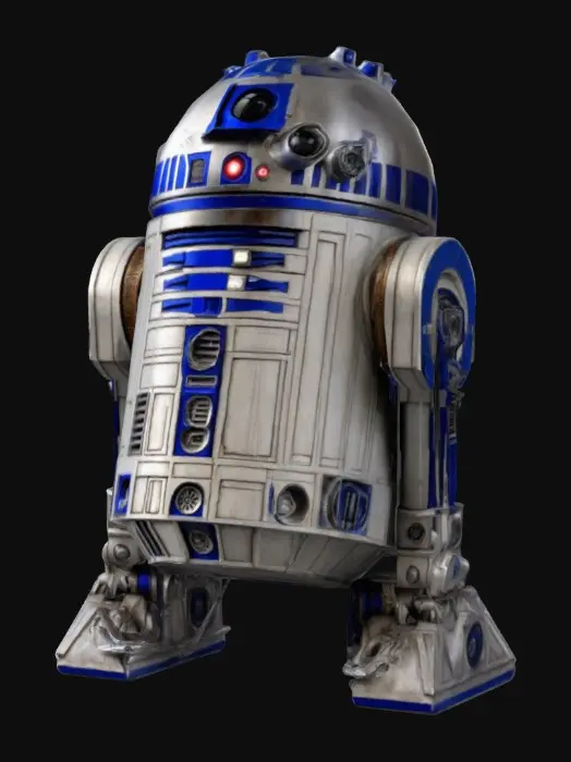 3D model for A 1 meter model of R2~D2, tabletop miniature, Star Wars game miniature, made of pewter and painted for Christmas. NVIDIA volumetric lighting,, , deeply carved details. 