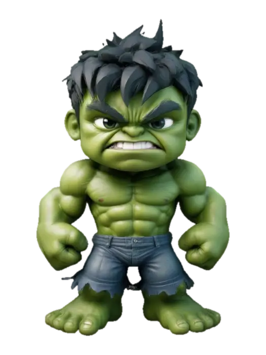 The Hulk. Muscular body. Menacing expression. Chibi art style. Well-proportioned.… 3D model, vytvořený pomocí AI
