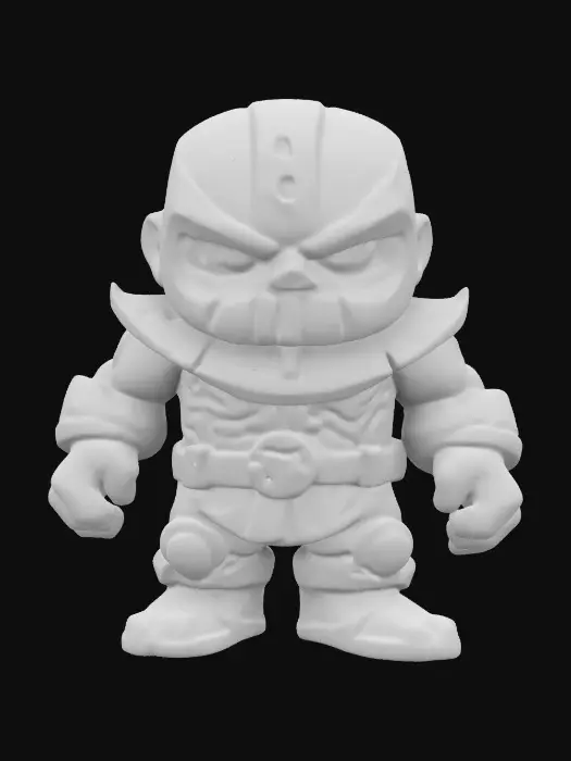 3D model for Thanos. Muscular body. Menacing expression. Chibi art style. Well-proportioned. Clearly defined features. Highly detailed. Highly stylized. Walls and features are at least 2mm thick. Bold, recessed features with a depth of at least 2mm. Sharp, clean lines. Embossed features to rise at least 2mm above the surface. DND.