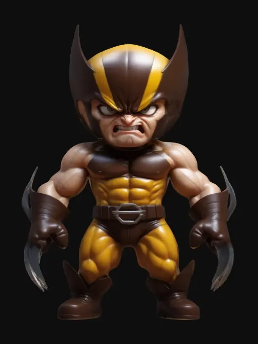 3D model for Wolverine. Muscular body. Menacing expression. Chibi art style. Well-proportioned. Clearly defined features. Highly detailed. Highly stylized. Walls and features are at least 2mm thick. Bold, recessed features with a depth of at least 2mm. Sharp, clean lines. Embossed features to rise at least 2mm above the surface. DND.