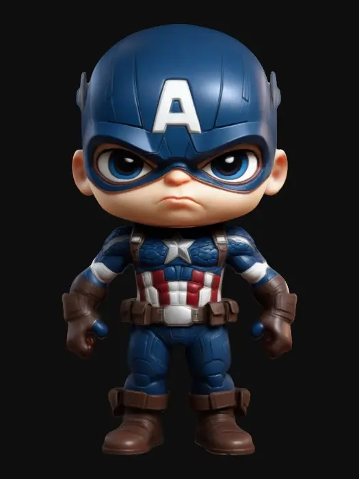 3D model for Captain America. Muscular body. Menacing expression. Chibi art style. Well-proportioned. Clearly defined features. Highly detailed. Highly stylized. Walls and features are at least 2mm thick. Bold, recessed features with a depth of at least 2mm. Sharp, clean lines. Embossed features to rise at least 2mm above the surface. DND.