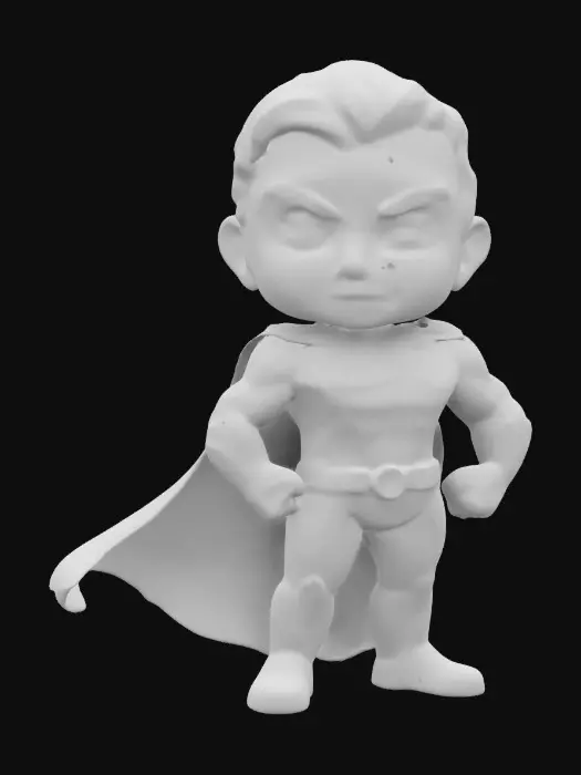 3D model for Superman. Muscular body. Menacing expression. Chibi art style. Well-proportioned. Clearly defined features. Highly detailed. Highly stylized. Walls and features are at least 2mm thick. Bold, recessed features with a depth of at least 2mm. Sharp, clean lines. Embossed features to rise at least 2mm above the surface. DND.