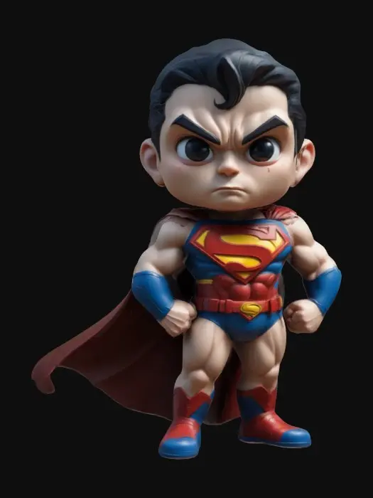 3D model for Superman. Muscular body. Menacing expression. Chibi art style. Well-proportioned. Clearly defined features. Highly detailed. Highly stylized. Walls and features are at least 2mm thick. Bold, recessed features with a depth of at least 2mm. Sharp, clean lines. Embossed features to rise at least 2mm above the surface. DND.