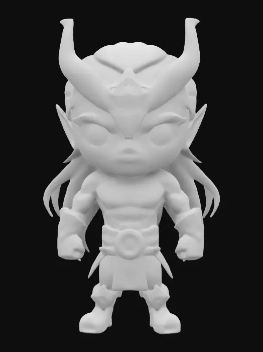 3D model for LOKI. Muscular body. Menacing expression. Chibi art style. Well-proportioned. Clearly defined features. Highly detailed. Highly stylized. Walls and features are at least 2mm thick. Bold, recessed features with a depth of at least 2mm. Sharp, clean lines. Embossed features to rise at least 2mm above the surface. DND.