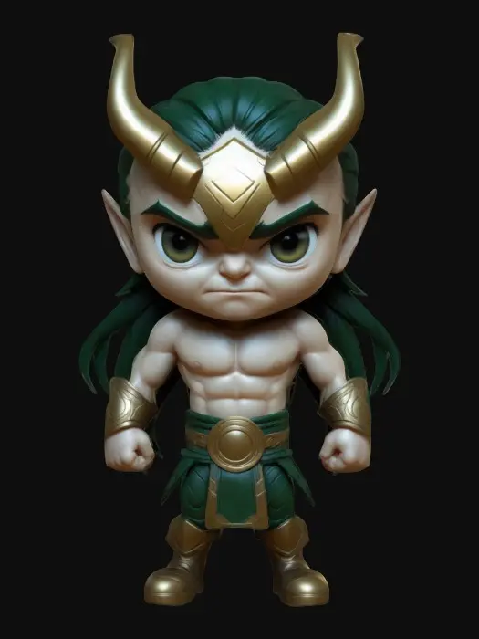 3D model for LOKI. Muscular body. Menacing expression. Chibi art style. Well-proportioned. Clearly defined features. Highly detailed. Highly stylized. Walls and features are at least 2mm thick. Bold, recessed features with a depth of at least 2mm. Sharp, clean lines. Embossed features to rise at least 2mm above the surface. DND.