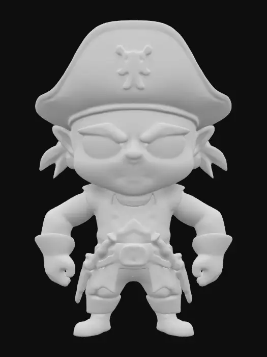3D model for A Pirate. Muscular body. Menacing expression. Chibi art style. Well-proportioned. Clearly defined features. Highly detailed. Highly stylized. Walls and features are at least 2mm thick. Bold, recessed features with a depth of at least 2mm. Sharp, clean lines. Embossed features to rise at least 2mm above the surface. DND.