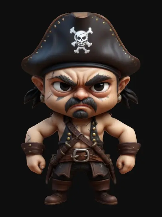 3D model for A Pirate. Muscular body. Menacing expression. Chibi art style. Well-proportioned. Clearly defined features. Highly detailed. Highly stylized. Walls and features are at least 2mm thick. Bold, recessed features with a depth of at least 2mm. Sharp, clean lines. Embossed features to rise at least 2mm above the surface. DND.