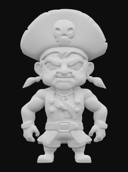 3D model for A Pirate. Muscular body. Menacing expression. Chibi art style. Well-proportioned. Clearly defined features. Highly detailed. Highly stylized. Walls and features are at least 2mm thick. Bold, recessed features with a depth of at least 2mm. Sharp, clean lines. Embossed features to rise at least 2mm above the surface. DND.