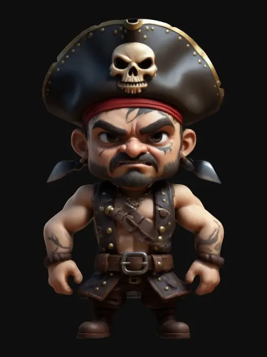 3D model for A Pirate. Muscular body. Menacing expression. Chibi art style. Well-proportioned. Clearly defined features. Highly detailed. Highly stylized. Walls and features are at least 2mm thick. Bold, recessed features with a depth of at least 2mm. Sharp, clean lines. Embossed features to rise at least 2mm above the surface. DND.