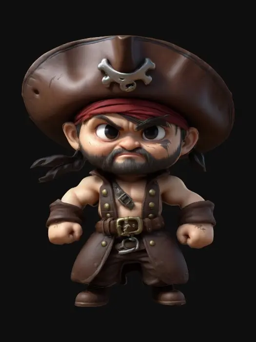 3D model for A Pirate. Muscular body. Menacing expression. Chibi art style. Well-proportioned. Clearly defined features. Highly detailed. Highly stylized. Walls and features are at least 2mm thick. Bold, recessed features with a depth of at least 2mm. Sharp, clean lines. Embossed features to rise at least 2mm above the surface. DND.