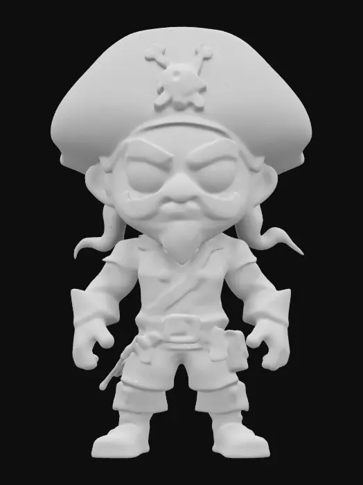 3D model for A Pirate. Muscular body. Menacing expression. Chibi art style. Well-proportioned. Clearly defined features. Highly detailed. Highly stylized. Walls and features are at least 2mm thick. Bold, recessed features with a depth of at least 2mm. Sharp, clean lines. Embossed features to rise at least 2mm above the surface. DND.