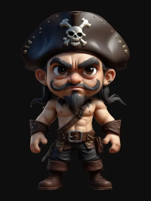 3D model for A Pirate. Muscular body. Menacing expression. Chibi art style. Well-proportioned. Clearly defined features. Highly detailed. Highly stylized. Walls and features are at least 2mm thick. Bold, recessed features with a depth of at least 2mm. Sharp, clean lines. Embossed features to rise at least 2mm above the surface. DND.