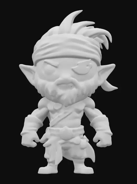 3D model for A Pirate. Muscular body. Menacing expression. Chibi art style. Well-proportioned. Clearly defined features. Highly detailed. Highly stylized. Walls and features are at least 2mm thick. Bold, recessed features with a depth of at least 2mm. Sharp, clean lines. Embossed features to rise at least 2mm above the surface. DND.