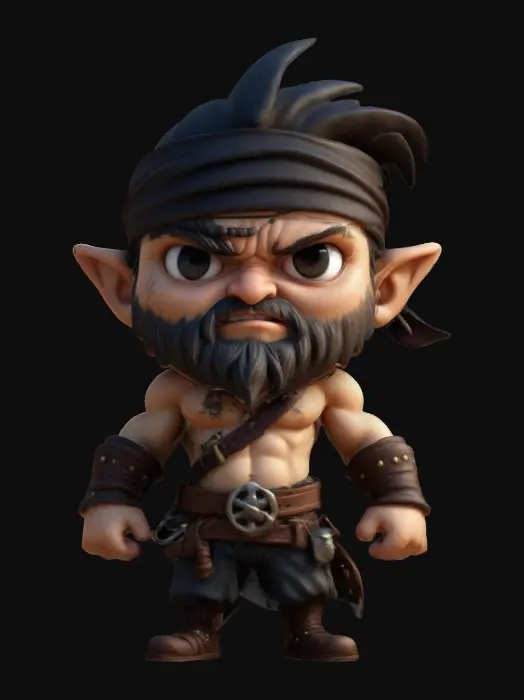 3D model for A Pirate. Muscular body. Menacing expression. Chibi art style. Well-proportioned. Clearly defined features. Highly detailed. Highly stylized. Walls and features are at least 2mm thick. Bold, recessed features with a depth of at least 2mm. Sharp, clean lines. Embossed features to rise at least 2mm above the surface. DND.