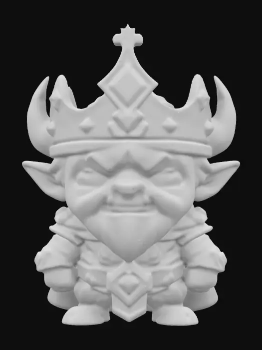 3D model for A Ork king with crown. Chibi art style.  Highly stylized. Ensure all walls and features are at least 2mm thick. Include bold, recessed features with a depth of at least 2mm. Maintain sharp, clean lines. Embossed features to rise at least 2mm above the surface. Recess etched details at least 2mm deep for clarity. DND.