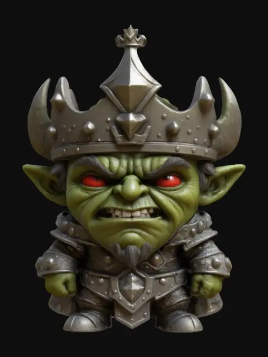 3D model for A Ork king with crown. Chibi art style.  Highly stylized. Ensure all walls and features are at least 2mm thick. Include bold, recessed features with a depth of at least 2mm. Maintain sharp, clean lines. Embossed features to rise at least 2mm above the surface. Recess etched details at least 2mm deep for clarity. DND.