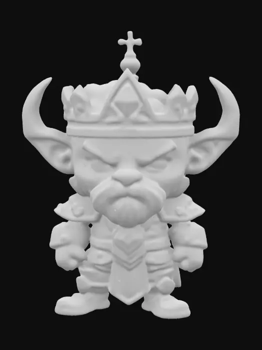 3D model for A Ork king with crown. Chibi art style.  Highly stylized. Ensure all walls and features are at least 2mm thick. Include bold, recessed features with a depth of at least 2mm. Maintain sharp, clean lines. Embossed features to rise at least 2mm above the surface. Recess etched details at least 2mm deep for clarity. DND.
