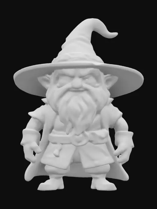 3D model for Gandalf. Muscular body. Menacing expression. Chibi art style. Well-proportioned. Clearly defined features. Highly detailed. Highly stylized. Walls and features are at least 2mm thick. Bold, recessed features with a depth of at least 2mm. Sharp, clean lines. Embossed features to rise at least 2mm above the surface. DND.