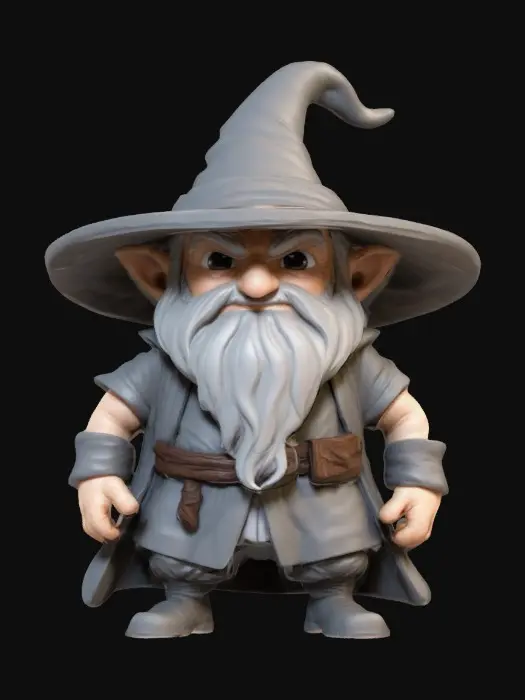 3D model for Gandalf. Muscular body. Menacing expression. Chibi art style. Well-proportioned. Clearly defined features. Highly detailed. Highly stylized. Walls and features are at least 2mm thick. Bold, recessed features with a depth of at least 2mm. Sharp, clean lines. Embossed features to rise at least 2mm above the surface. DND.