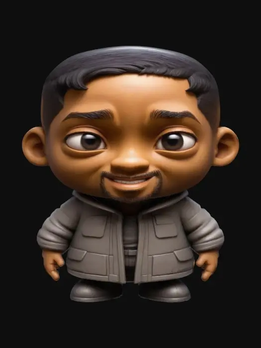 3D model for Will Smith. Chibi art style. Highly stylized. Ensure all walls and features are at least 2mm thick. Include bold, recessed features with a depth of at least 2mm. Maintain sharp, clean lines. Embossed features to rise at least 2mm above the surface. Recess etched details at least 2mm deep for clarity. DND.