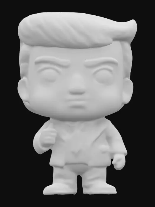 3D model for Donald Trump. Chibi art style. Highly stylized. Ensure all walls and features are at least 2mm thick. Include bold, recessed features with a depth of at least 2mm. Maintain sharp, clean lines. Embossed features to rise at least 2mm above the surface. Recess etched details at least 2mm deep for clarity. DND.