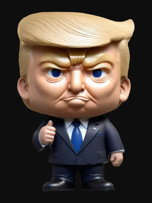 3D model for Donald Trump. Chibi art style. Highly stylized. Ensure all walls and features are at least 2mm thick. Include bold, recessed features with a depth of at least 2mm. Maintain sharp, clean lines. Embossed features to rise at least 2mm above the surface. Recess etched details at least 2mm deep for clarity. DND.