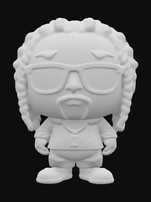 3D model for Snoop Dogg. Chibi art style. Highly stylized. Ensure all walls and features are at least 2mm thick. Include bold, recessed features with a depth of at least 2mm. Maintain sharp, clean lines. Embossed features to rise at least 2mm above the surface. Recess etched details at least 2mm deep for clarity. DND.