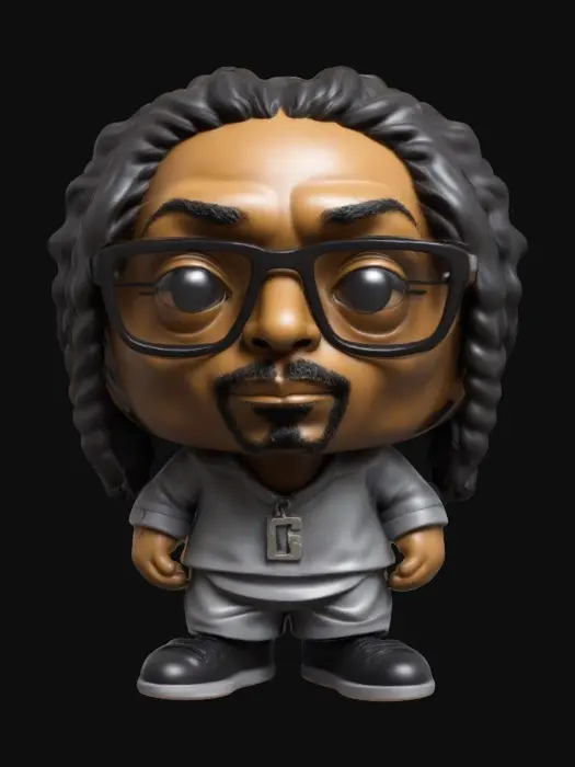 3D model for Snoop Dogg. Chibi art style. Highly stylized. Ensure all walls and features are at least 2mm thick. Include bold, recessed features with a depth of at least 2mm. Maintain sharp, clean lines. Embossed features to rise at least 2mm above the surface. Recess etched details at least 2mm deep for clarity. DND.