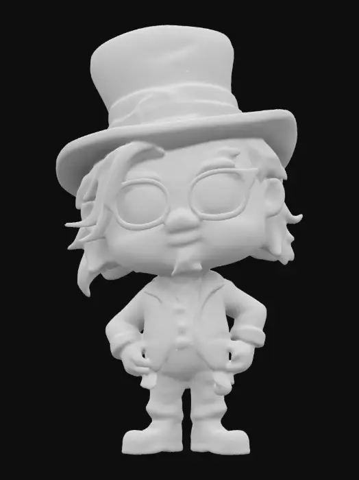 3D model for Johnny Depp. Chibi art style. Highly stylized. Ensure all walls and features are at least 2mm thick. Include bold, recessed features with a depth of at least 2mm. Maintain sharp, clean lines. Embossed features to rise at least 2mm above the surface. Recess etched details at least 2mm deep for clarity. DND.