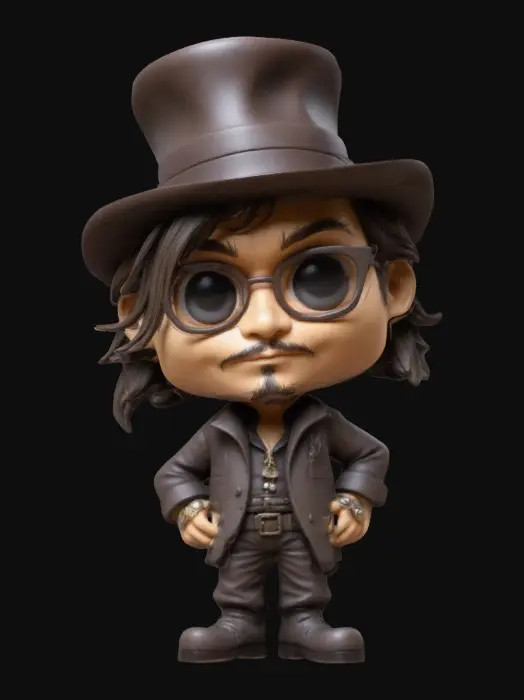 3D model for Johnny Depp. Chibi art style. Highly stylized. Ensure all walls and features are at least 2mm thick. Include bold, recessed features with a depth of at least 2mm. Maintain sharp, clean lines. Embossed features to rise at least 2mm above the surface. Recess etched details at least 2mm deep for clarity. DND.