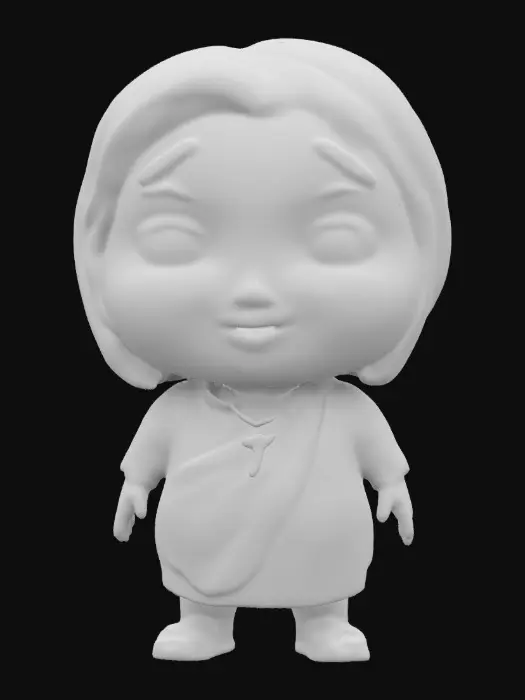 3D model for Mother Theresa. Chibi art style. Highly stylized. Ensure all walls and features are at least 2mm thick. Include bold, recessed features with a depth of at least 2mm. Maintain sharp, clean lines. Embossed features to rise at least 2mm above the surface. Recess etched details at least 2mm deep for clarity. DND.