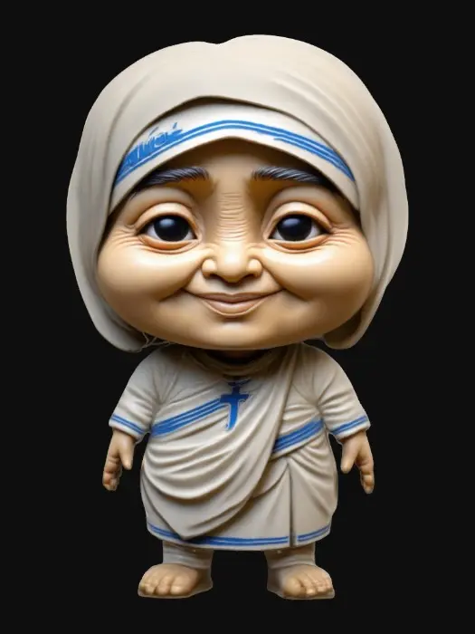 3D model for Mother Theresa. Chibi art style. Highly stylized. Ensure all walls and features are at least 2mm thick. Include bold, recessed features with a depth of at least 2mm. Maintain sharp, clean lines. Embossed features to rise at least 2mm above the surface. Recess etched details at least 2mm deep for clarity. DND.