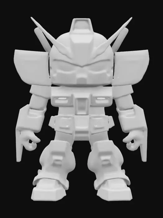 3D model for GUNDAM. Muscular body. Menacing expression. Chibi art style. Well-proportioned. Clearly defined features. Highly detailed. Highly stylized. Walls and features are at least 2mm thick. Bold, recessed features with a depth of at least 2mm. Sharp, clean lines. Embossed features to rise at least 2mm above the surface. DND.