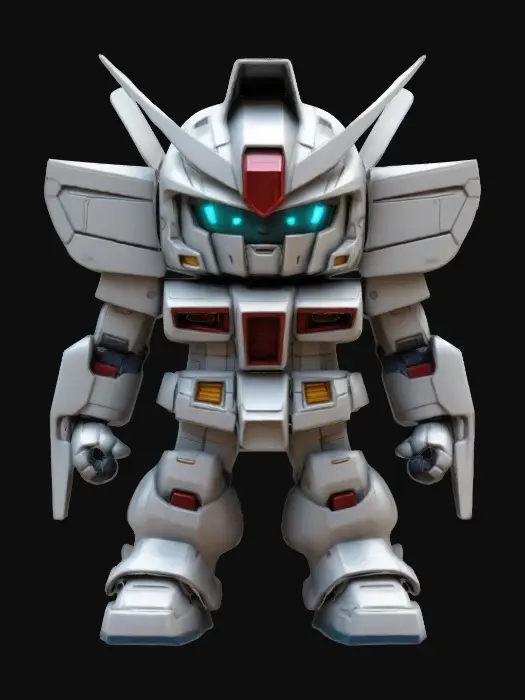 3D model for GUNDAM. Muscular body. Menacing expression. Chibi art style. Well-proportioned. Clearly defined features. Highly detailed. Highly stylized. Walls and features are at least 2mm thick. Bold, recessed features with a depth of at least 2mm. Sharp, clean lines. Embossed features to rise at least 2mm above the surface. DND.