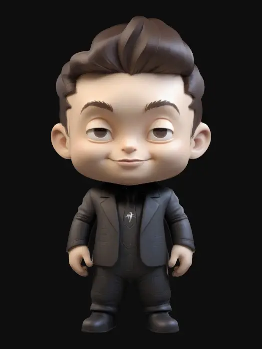 3D model for Elon Musk. Chibi art style. Highly stylized. Ensure all walls and features are at least 2mm thick. Include bold, recessed features with a depth of at least 2mm. Maintain sharp, clean lines. Embossed features to rise at least 2mm above the surface. Recess etched details at least 2mm deep for clarity. DND.