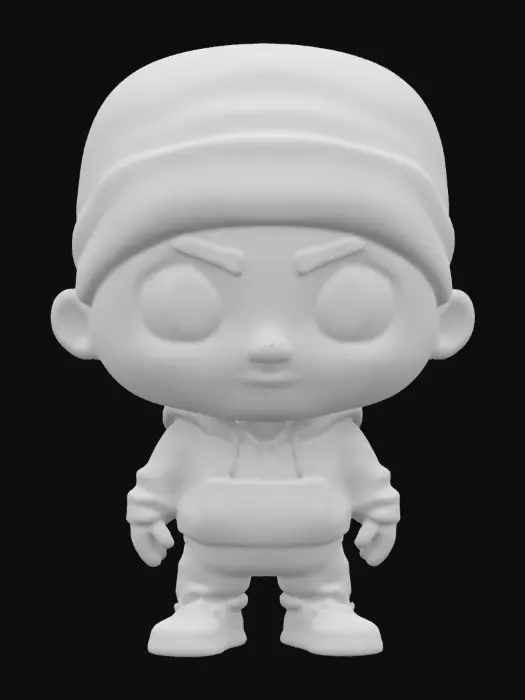 3D model for Eminem. Bobble Head. Chibi art style. Highly stylized. Ensure all walls and features are at least 2mm thick. Include bold, recessed features with a depth of at least 2mm. Maintain sharp, clean lines. Embossed features to rise at least 2mm above the surface. Recess etched details at least 2mm deep for clarity. DND.