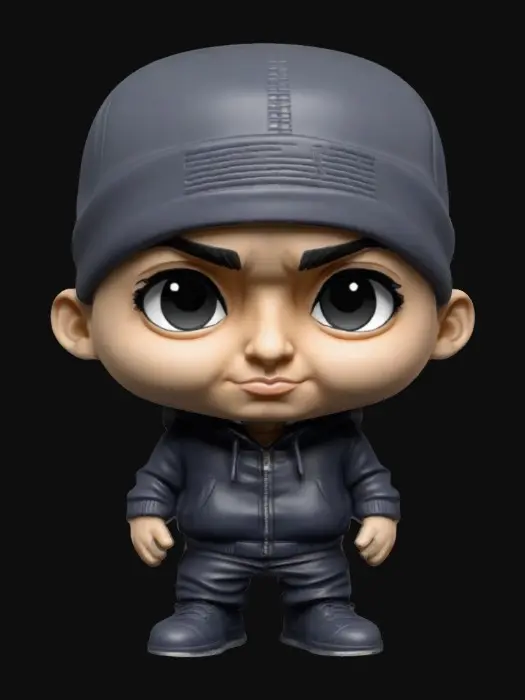3D model for Eminem. Bobble Head. Chibi art style. Highly stylized. Ensure all walls and features are at least 2mm thick. Include bold, recessed features with a depth of at least 2mm. Maintain sharp, clean lines. Embossed features to rise at least 2mm above the surface. Recess etched details at least 2mm deep for clarity. DND.