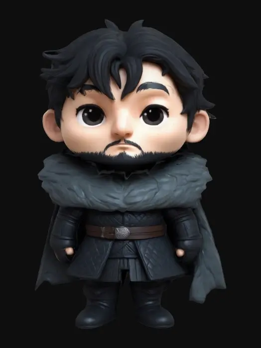 3D model for John Snow from A Game Of Thrones. Chibi art style. Clearly defined features. Highly stylized. Highly detailed. All walls and features at least 2mm thick. Include bold, recessed features with a depth of at least 2mm. Maintain sharp, clean lines with no unnecessary fine or jagged edges. Design embossed features to rise at least 2mm above the surface. Recess etched details at least 2mm deep for clarity.