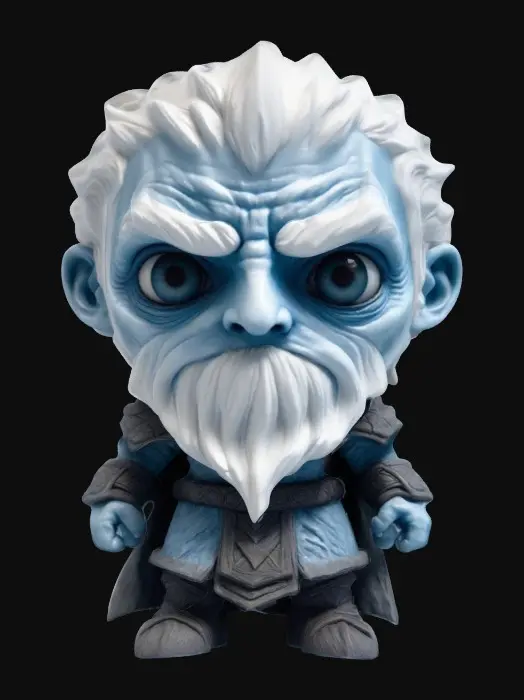 3D model for A White Walker from A Game Of Thrones. Chibi art style. Clearly defined features. Highly stylized. Highly detailed. All walls and features at least 2mm thick. Include bold, recessed features with a depth of at least 2mm. Maintain sharp, clean lines with no unnecessary fine or jagged edges. Design embossed features to rise at least 2mm above the surface. Recess etched details at least 2mm deep for clarity.