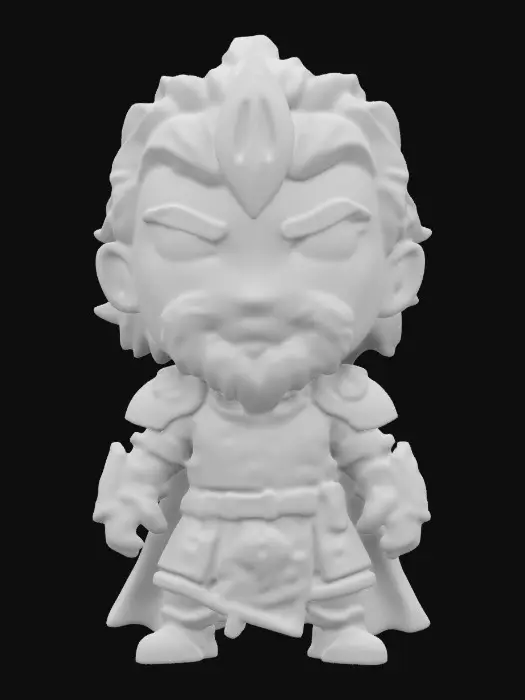 3D model for "The Hound" from A Game Of Thrones. Chibi art style. Clearly defined features. Highly stylized. Highly detailed. All walls and features at least 2mm thick. Include bold, recessed features with a depth of at least 2mm. Maintain sharp, clean lines with no unnecessary fine or jagged edges. Design embossed features to rise at least 2mm above the surface. Recess etched details at least 2mm deep for clarity.