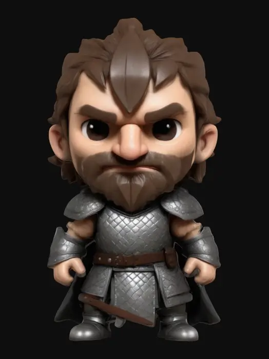 3D model for "The Hound" from A Game Of Thrones. Chibi art style. Clearly defined features. Highly stylized. Highly detailed. All walls and features at least 2mm thick. Include bold, recessed features with a depth of at least 2mm. Maintain sharp, clean lines with no unnecessary fine or jagged edges. Design embossed features to rise at least 2mm above the surface. Recess etched details at least 2mm deep for clarity.