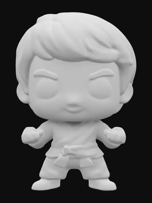 3D model for Bruce Lee from Enter The Dragon. Chibi art style. Clearly defined features. Highly stylized. Highly detailed. All walls and features at least 2mm thick. Include bold, recessed features with a depth of at least 2mm. Maintain sharp, clean lines with no unnecessary fine or jagged edges. Design embossed features to rise at least 2mm above the surface. Recess etched details at least 2mm deep for clarity.