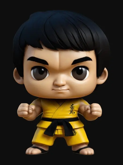 3D model for Bruce Lee from Enter The Dragon. Chibi art style. Clearly defined features. Highly stylized. Highly detailed. All walls and features at least 2mm thick. Include bold, recessed features with a depth of at least 2mm. Maintain sharp, clean lines with no unnecessary fine or jagged edges. Design embossed features to rise at least 2mm above the surface. Recess etched details at least 2mm deep for clarity.