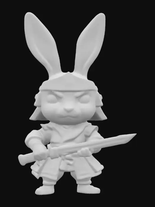 3D model for Samurai Bunny warrior. Chibi art style. Clearly defined features. Highly stylized. Highly detailed. All walls and features at least 2mm thick. Include bold, recessed features with a depth of at least 2mm. Maintain sharp, clean lines with no unnecessary fine or jagged edges. Design embossed features to rise at least 2mm above the surface. Recess etched details at least 2mm deep for clarity.