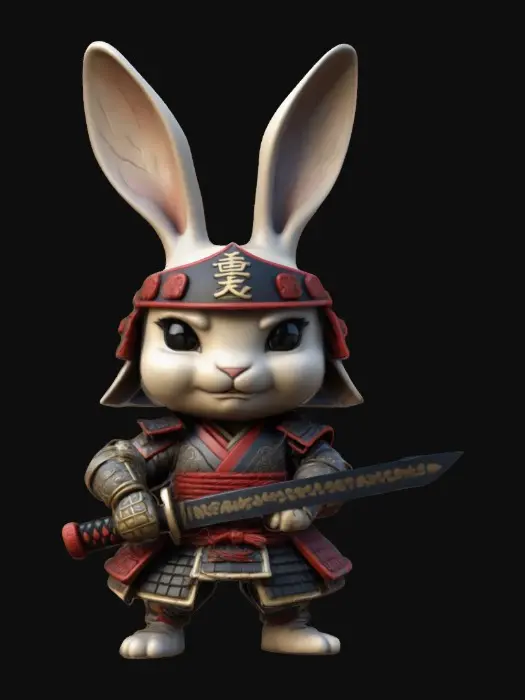3D model for Samurai Bunny warrior. Chibi art style. Clearly defined features. Highly stylized. Highly detailed. All walls and features at least 2mm thick. Include bold, recessed features with a depth of at least 2mm. Maintain sharp, clean lines with no unnecessary fine or jagged edges. Design embossed features to rise at least 2mm above the surface. Recess etched details at least 2mm deep for clarity.