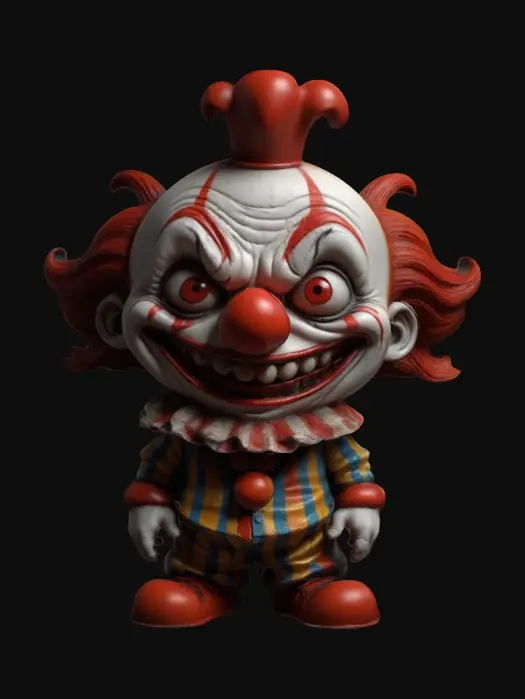 3D model for A Scary Clown. Chibi art style. Clearly defined features. Highly stylized. Highly detailed. All walls and features at least 2mm thick. Include bold, recessed features with a depth of at least 2mm. Maintain sharp, clean lines with no unnecessary fine or jagged edges. Design embossed features to rise at least 2mm above the surface. Recess etched details at least 2mm deep for clarity.