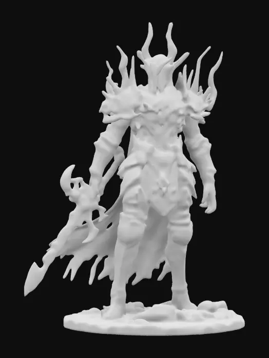 3D model for Infernal Knight, A demon Knight in Hellfire armour. Highly detailed. Highly stylized. Ensure all walls and features are at least 2mm thick. Include bold, recessed features with a depth of at least 2mm. Maintain sharp, clean lines with no unnecessary fine or jagged edges. Design embossed features to rise at least 2mm above the surface. Recess etched details at least 2mm deep for clarity. Best detailed mesh.